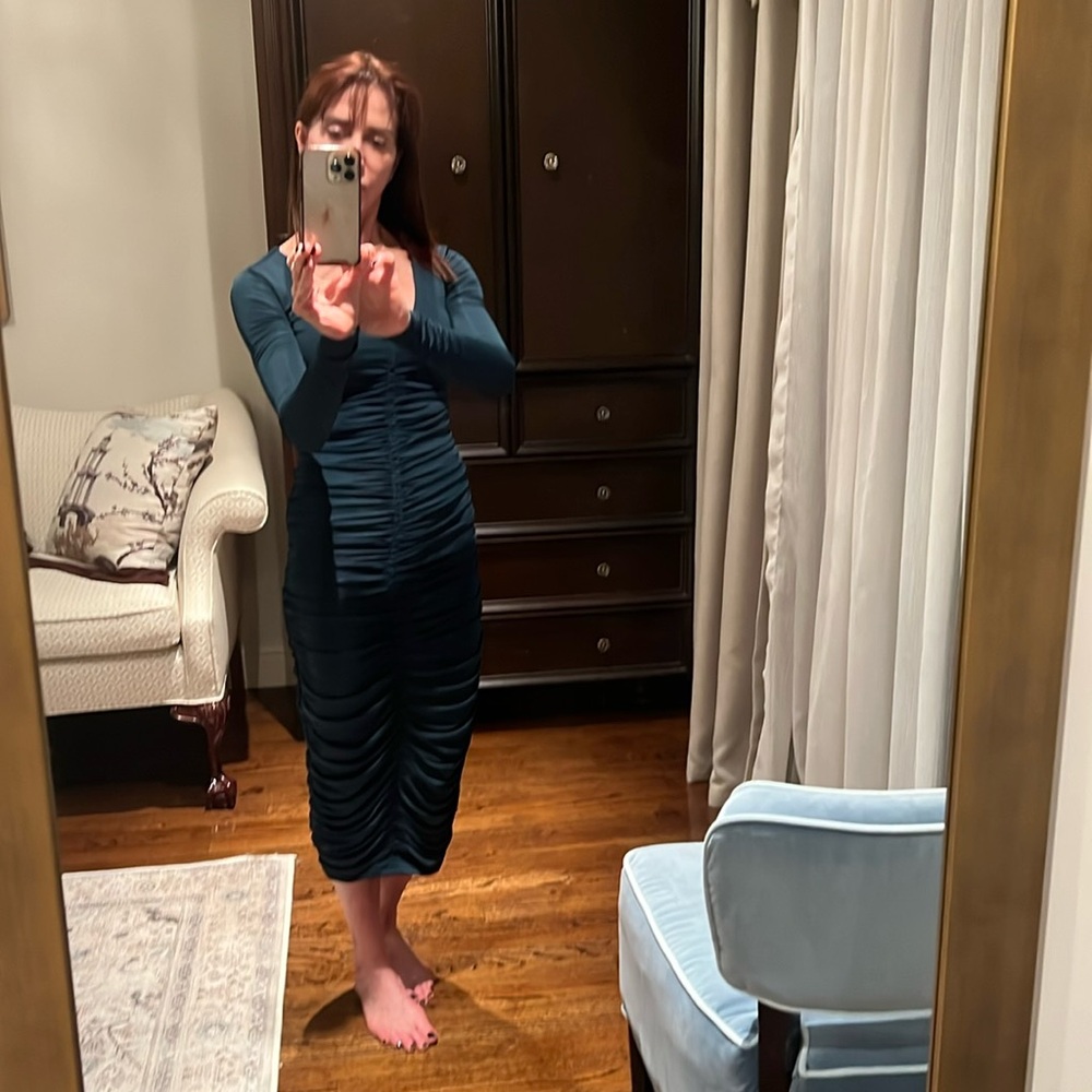 Inc emerald green ruched dress. Never worn Sz XS